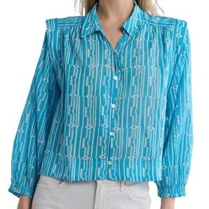 MOTHER The Well Wisher | Boho Blue Geometric Striped Long Sleeve Button Down Top